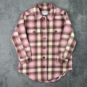 Old Navy Womens Shacket Pink Plaid M Flannel Button Up Jacket Wool Blend Collard